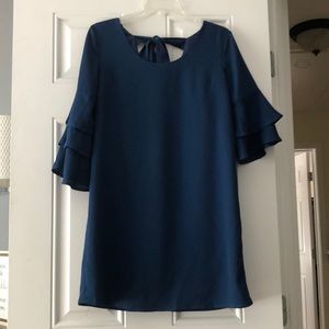 Blue formal dress with flowy sleeves, tie in back